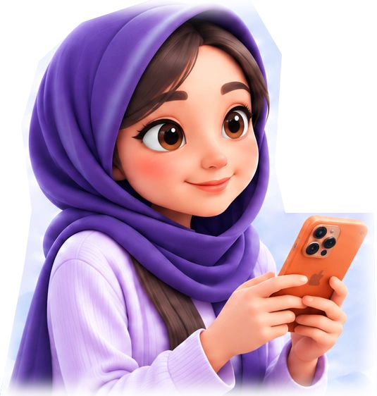 دختر با شال بنفش و گوشی نارنجی در دست
